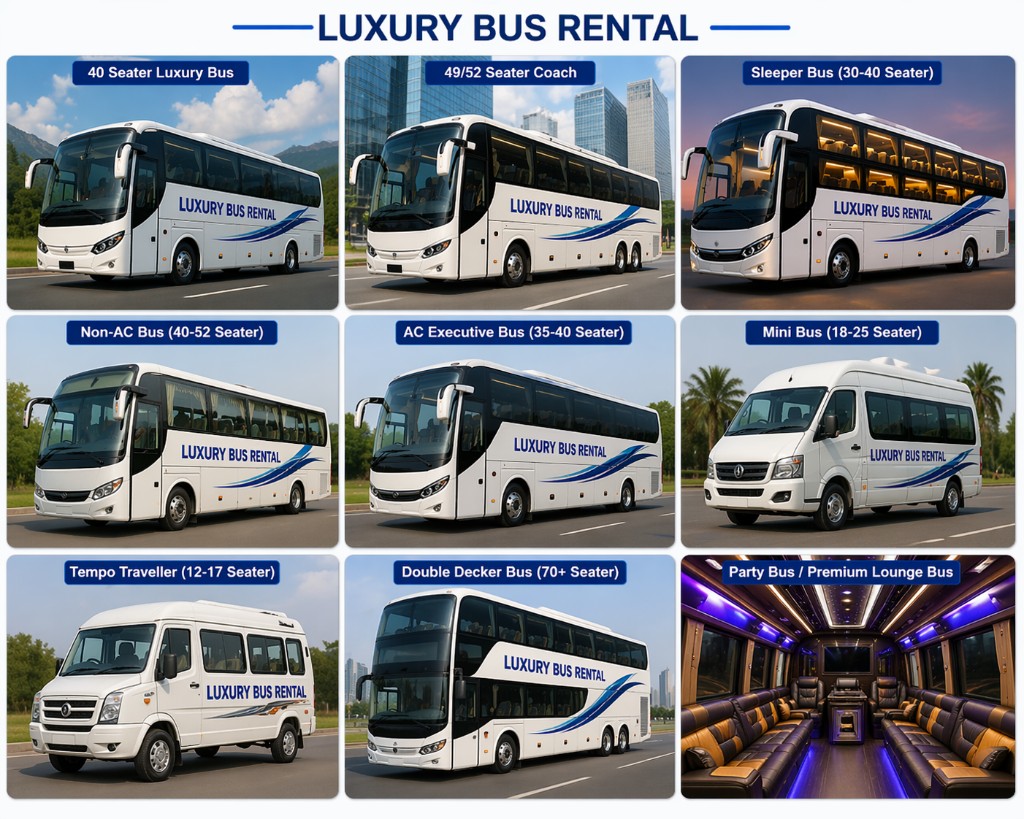 Luxury bus rental fleet grid — tempo traveller, mini bus, coaches and sleeper options for India travel guides
